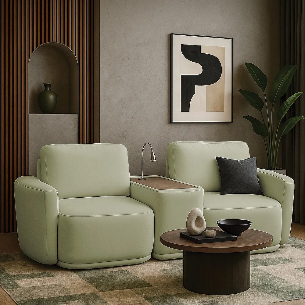 Sofá Sala Modulado 271cm com Console USB Luminária Brumma Bouclê K01 - D'Rossi - Verde