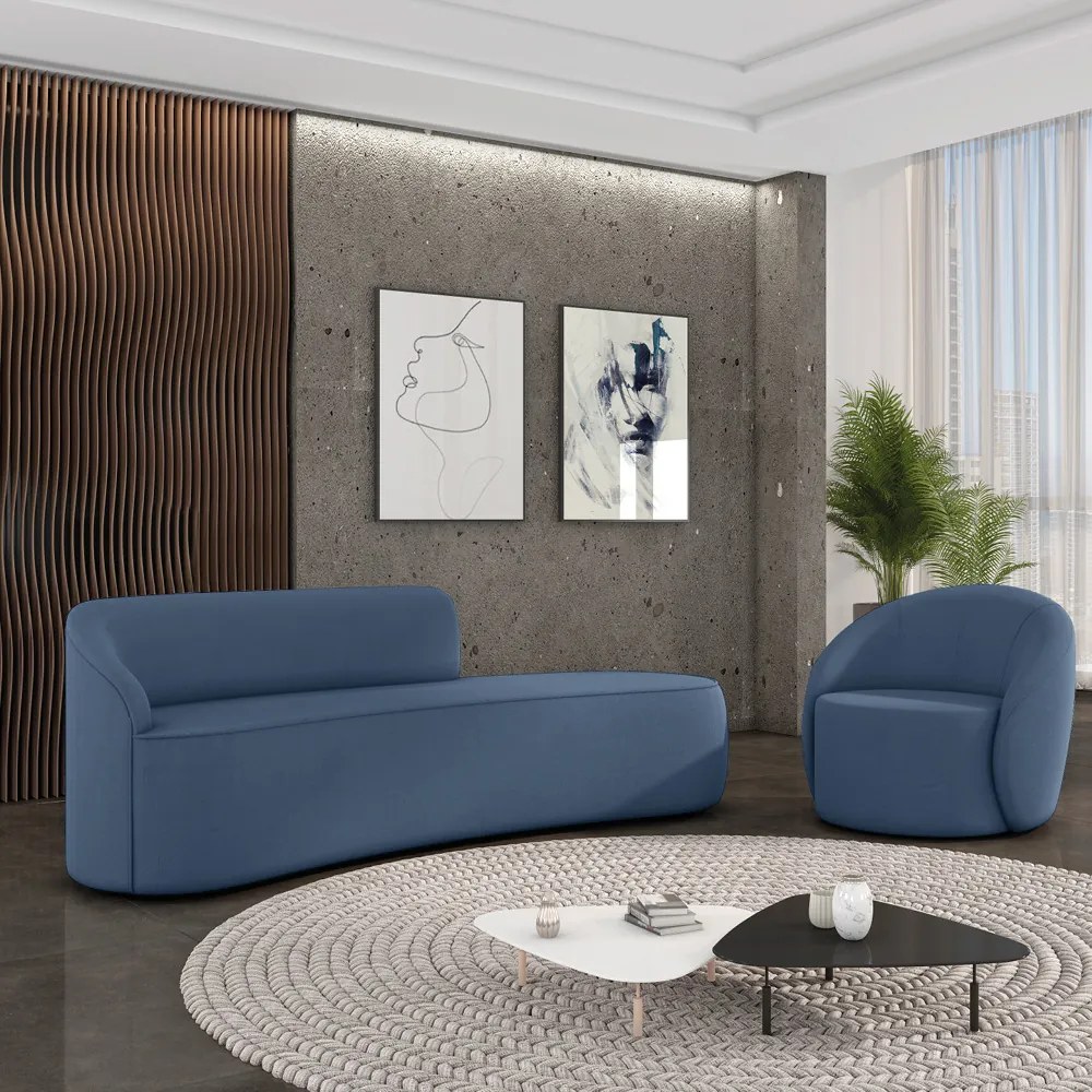 Sofá 4 Lugares Orgânico 220cm Morgan e Poltrona Lua Suede Azul M D03 - D'Rossi