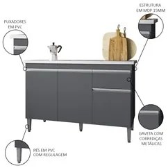 Balcão Gabinete Com Pia Inox 120cm 3 Portas e 1 Gaveta Tatiane Cinza -