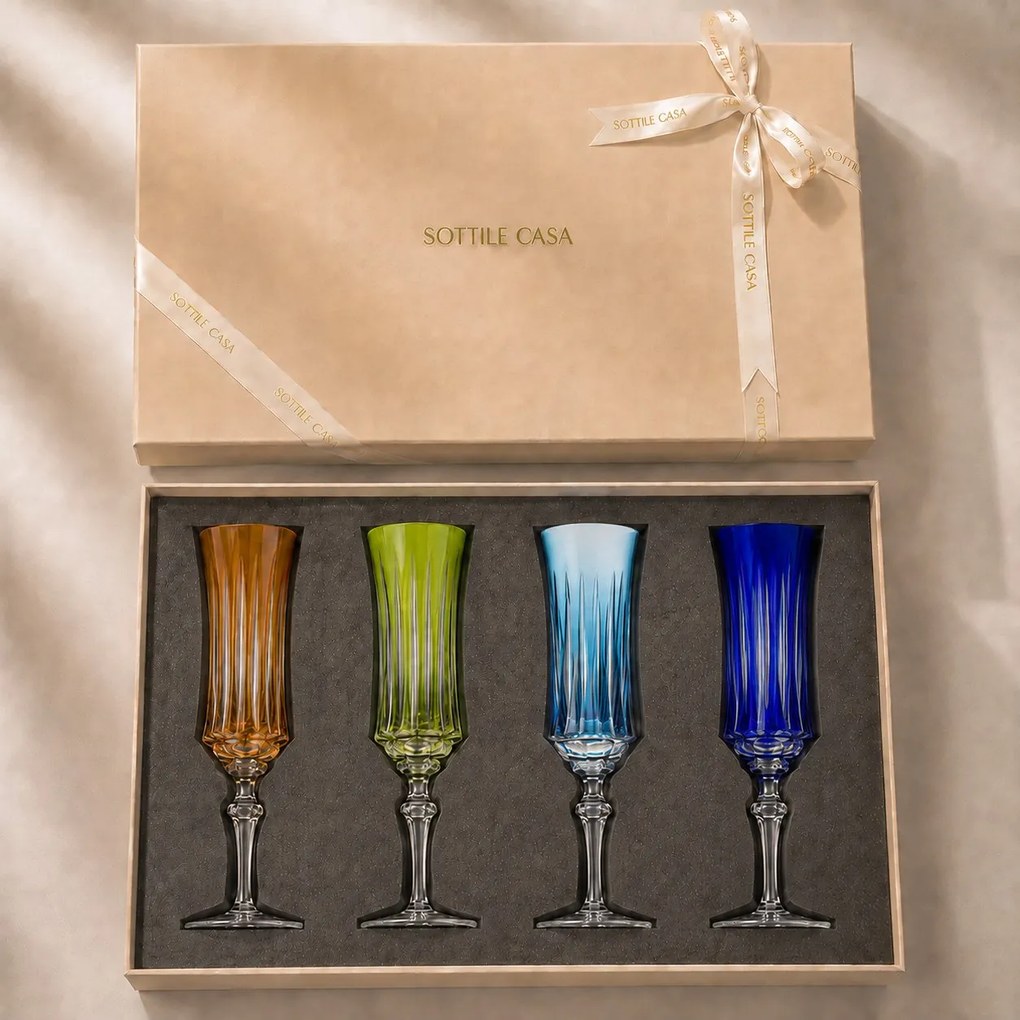 Kit 4 Taças Coloridas de Cristal Flauta Lapidado 66 p/ Champanhe c/ Caixa de Presente - KT04 KT04