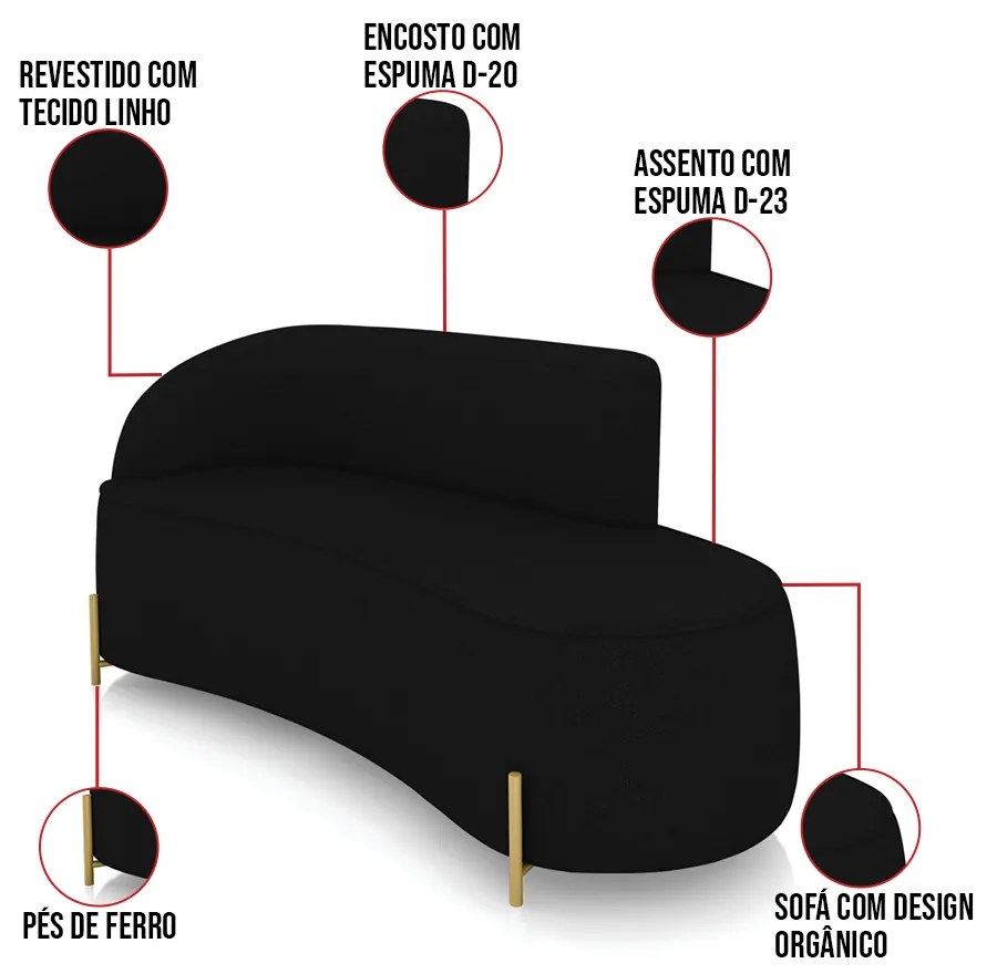 Sofá 3 Lugares Orgânico 180cm Pé Dourado Morgan Linho D03 - D'Rossi - Preto