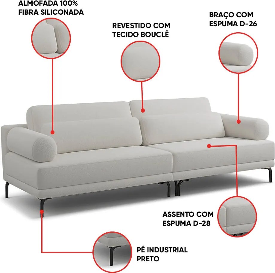Sofá 2 Lugares Living 194cm Pé Ferro Romeu Bouclê K01 - D'Rossi - Cinza claro