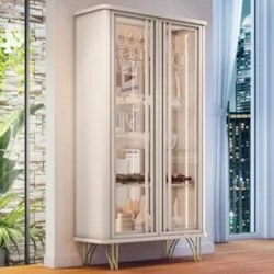 Cristaleira de Vidro com Espelho e LED Évora Off White - HB Móveis