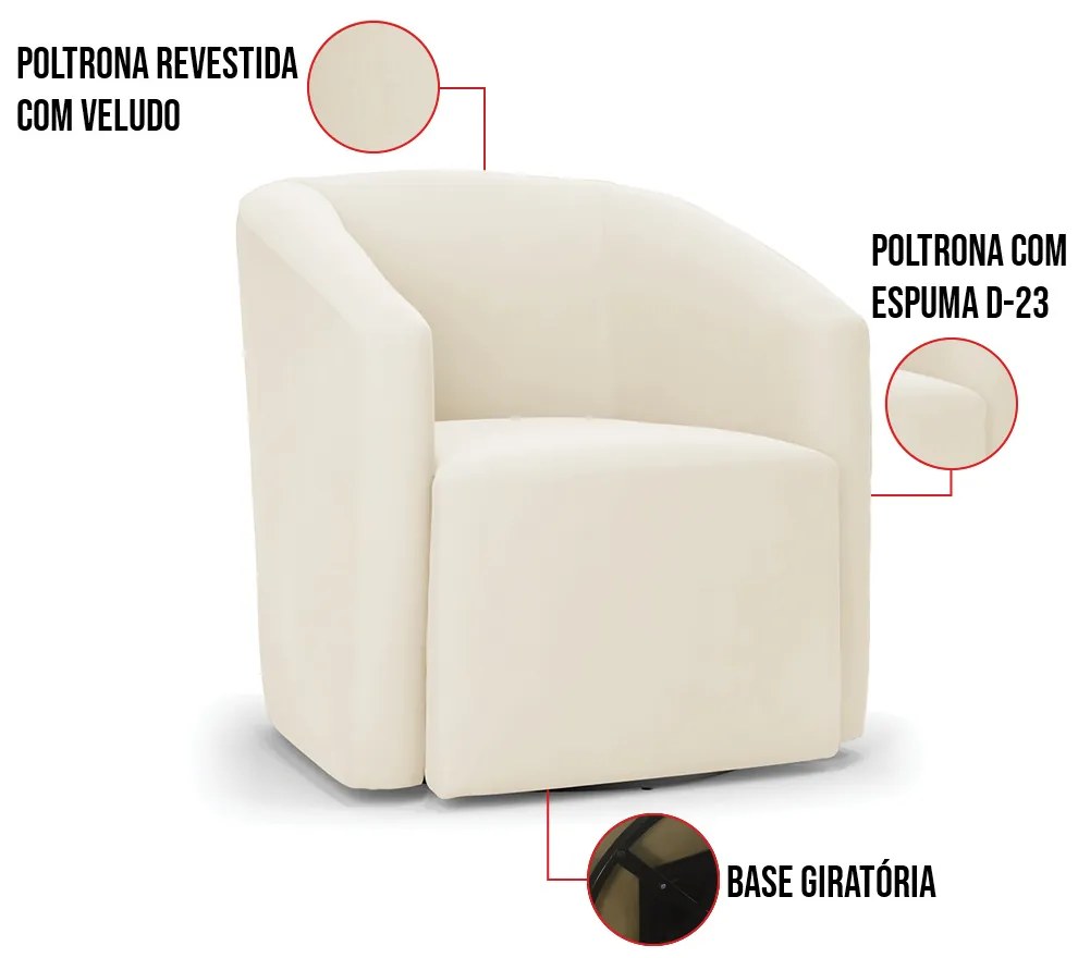 Poltrona Decorativa Base Giratória Kit 2 Stella Max Veludo D03 - D'Rossi - Bege
