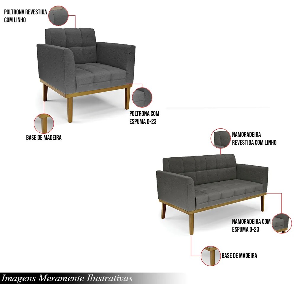 Conjunto 2 Poltronas e 1 Namoradeira Decorativa Karen Pés Fixo em Madeira Castanho Linho Cinza Mesclado G19 - Gran Belo