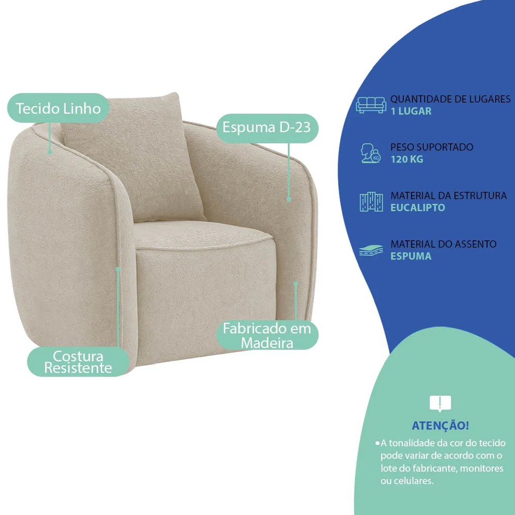Kit 02 Poltronas Decorativas Sala de Estar Recepção Florença Linho - ADJ Decor