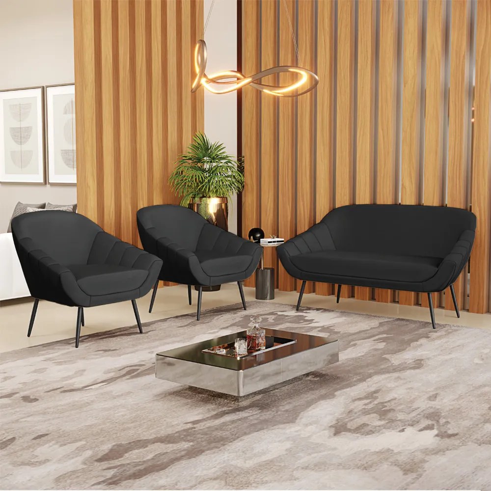 Kit 01 Namoradeira 02 Lugares e 02 Poltronas Giovana Corino Preto Pés Palito de Ferro - D'Rossi