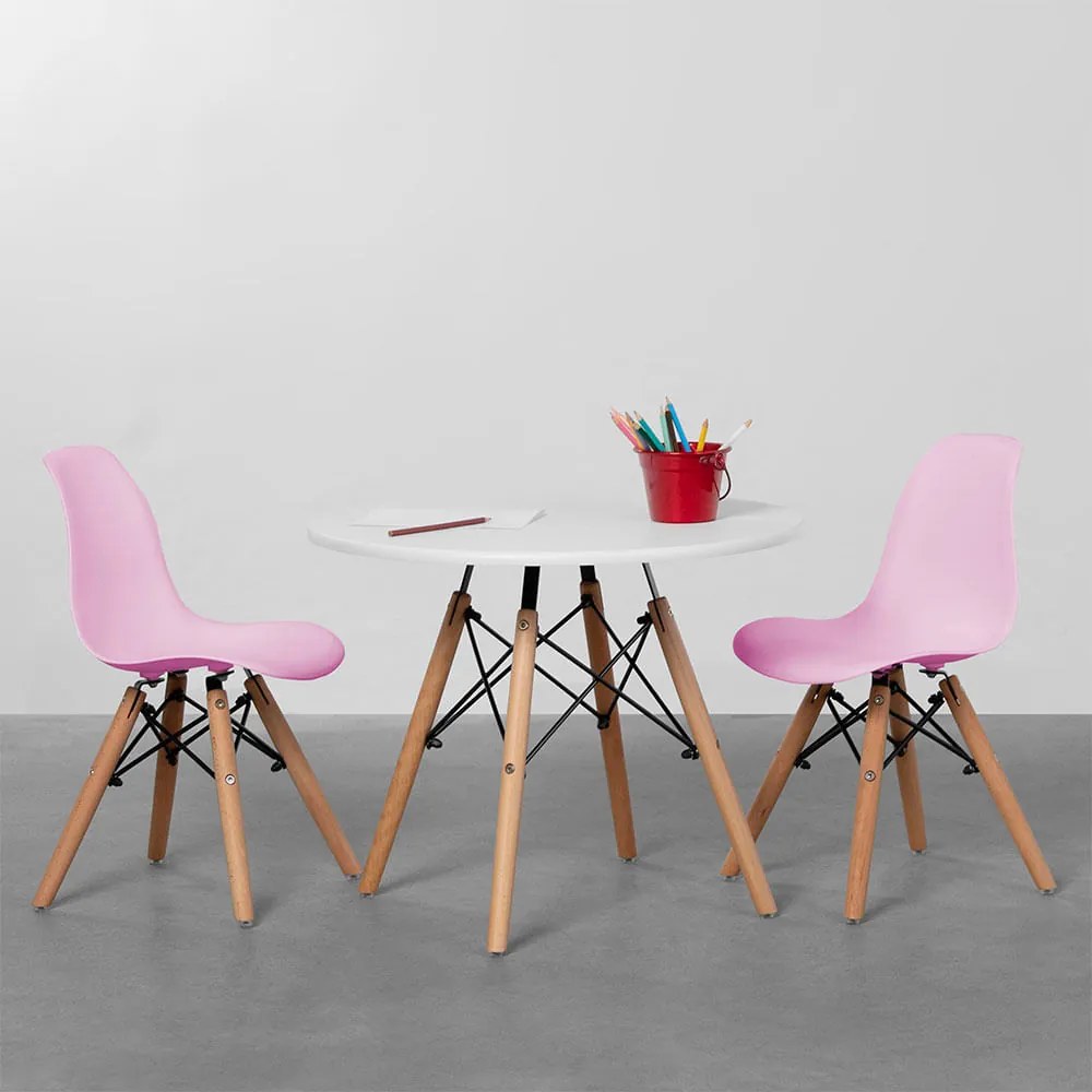 Conjunto Mesa Infantil Eiffel Branco + 2 Cadeira Eiffel Infantil Rosa