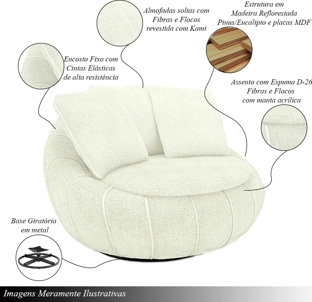 Poltrona Sala de Estar Afrodite com Almofadas Giratória Off White Bouclê G45 - Gran Belo