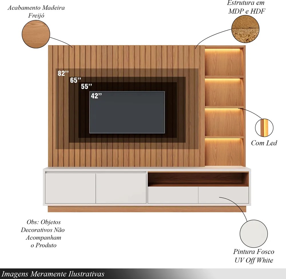 Home Estante Monterrey Decorativo TV até 82 MDP/HDF 240cm Fitas LED Nichos Freijó/Off White G73 - Gran Belo