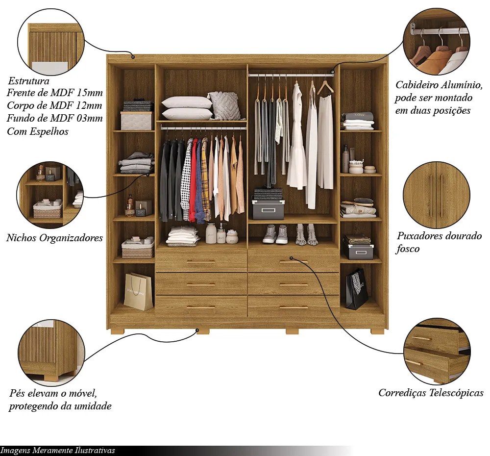 Guarda Roupa Dunas Casal 6 Portas de Bater 2 Com Espelhos 6 Gavetas MDF Nature G98 - Gran Belo
