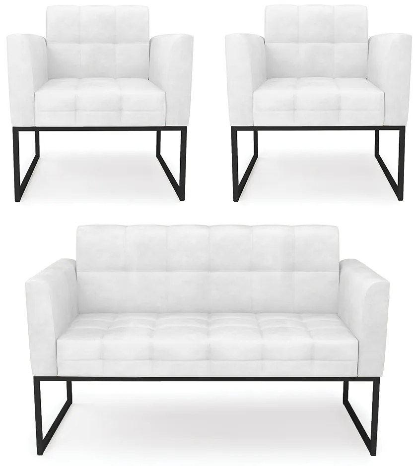 Kit 1 Sofá Namoradeira e 2 Poltronas Elisa Corano Base Metálica Industrial Preto - D'Rossi - Branco