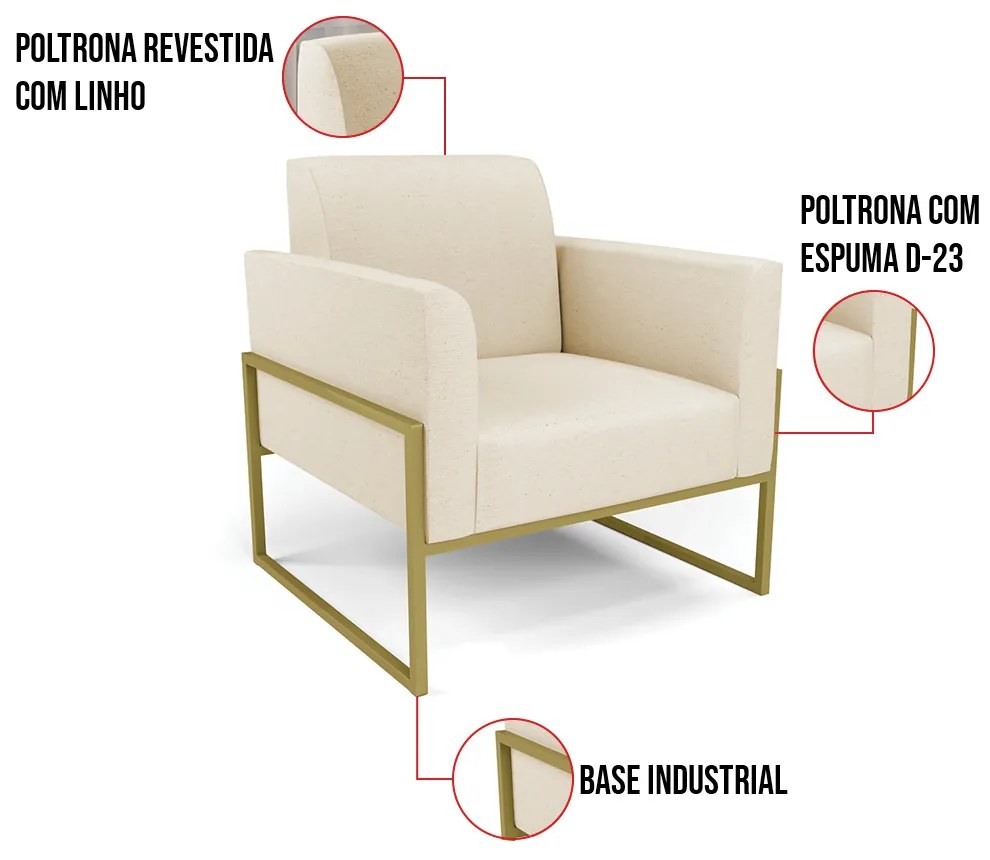 Poltrona Base Industrial Alta Dourado Marisa Linho - A19 Bege