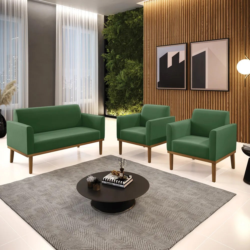 Conjunto 2 Poltronas e 1 Namoradeira Decorativa Isabella Pés Fixo em Madeira Castanho Suede Verde G19 - Gran Belo