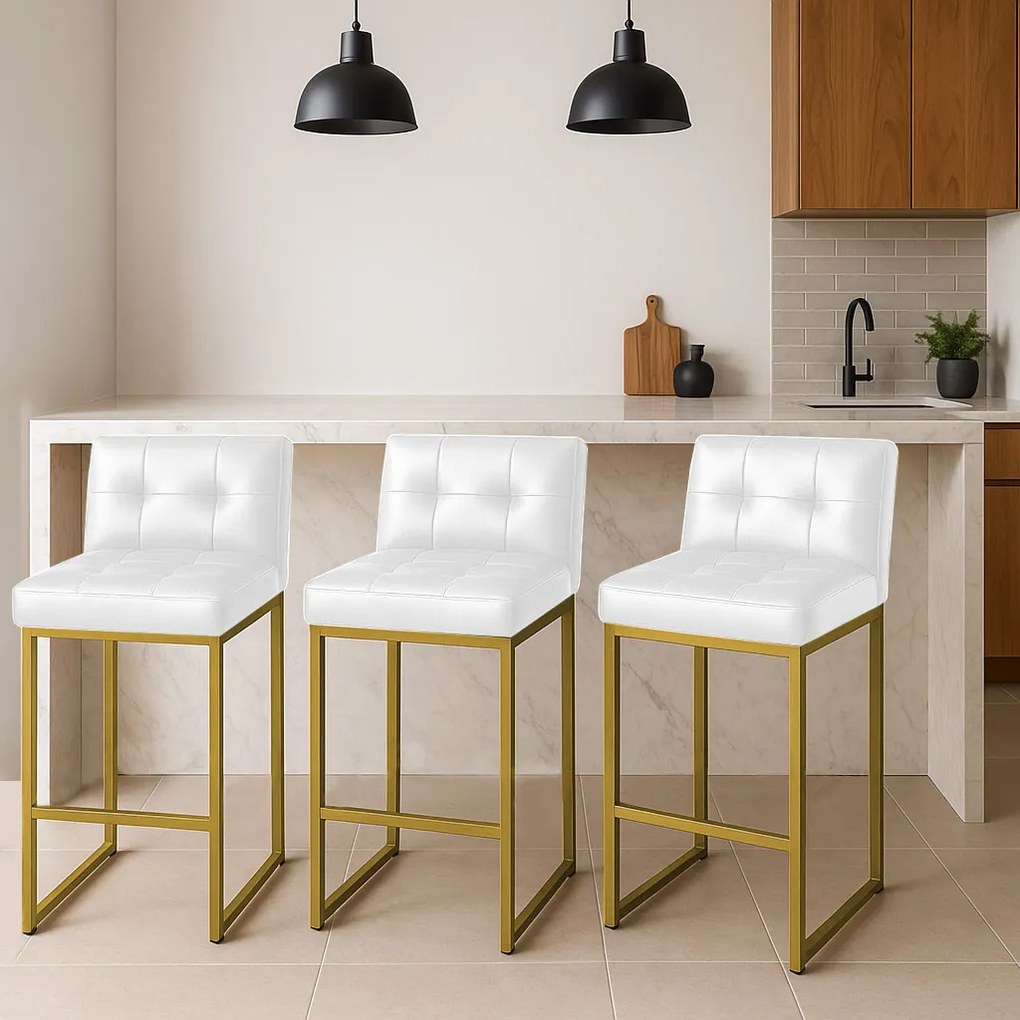 Banqueta Cozinha Alta com Encosto Industrial Kit 3 Dourado Lirina PU C05 - D'Rossi - Branco
