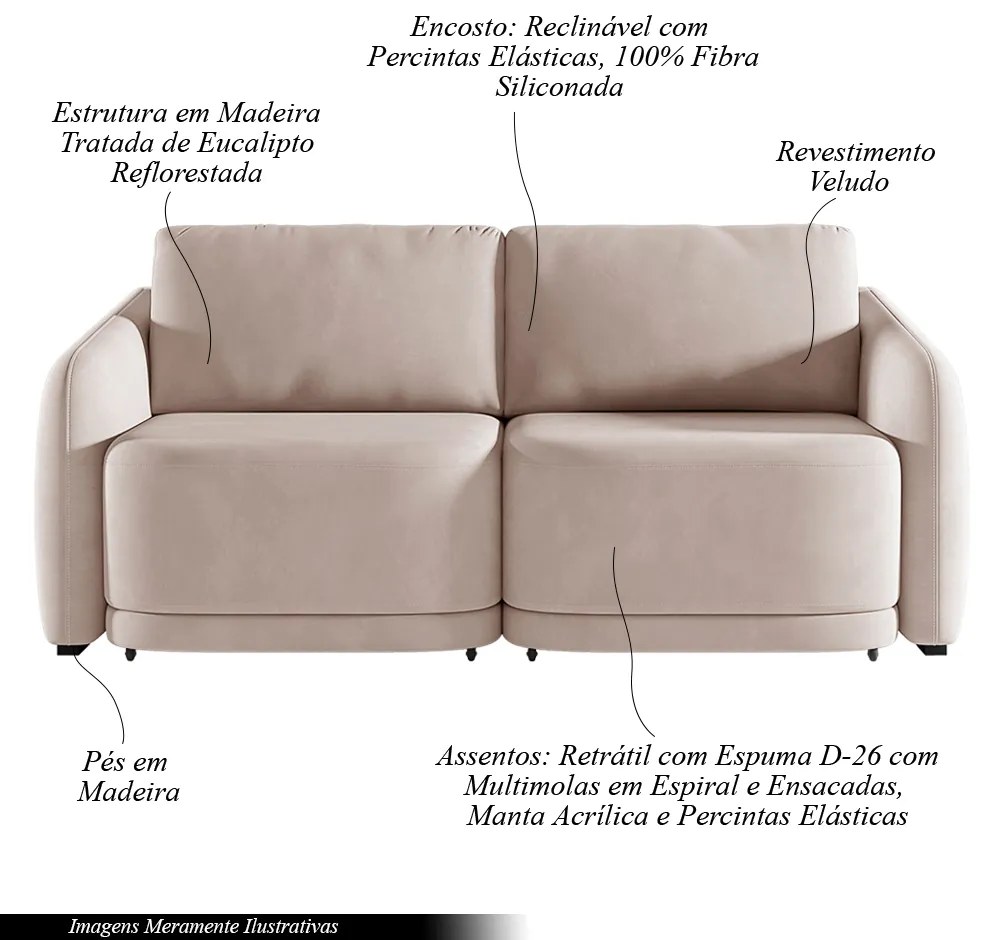 Sofá Cama Modulado Retrátil e Reclinável Decorativo Varsóvia 196cm Veludo Rosê G33 - Gran Belo