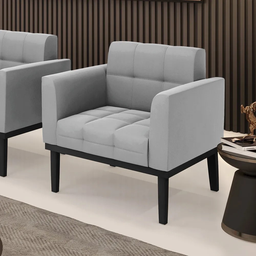 Poltrona Decorativa Karen Pés Fixo em Madeira Preto Suede Cinza G19 - Gran Belo