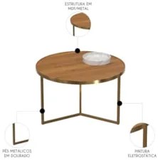 Mesa de Centro Redonda Baixa Pé Metal Thor Cinamomo/Dourado E05 - Mpoz