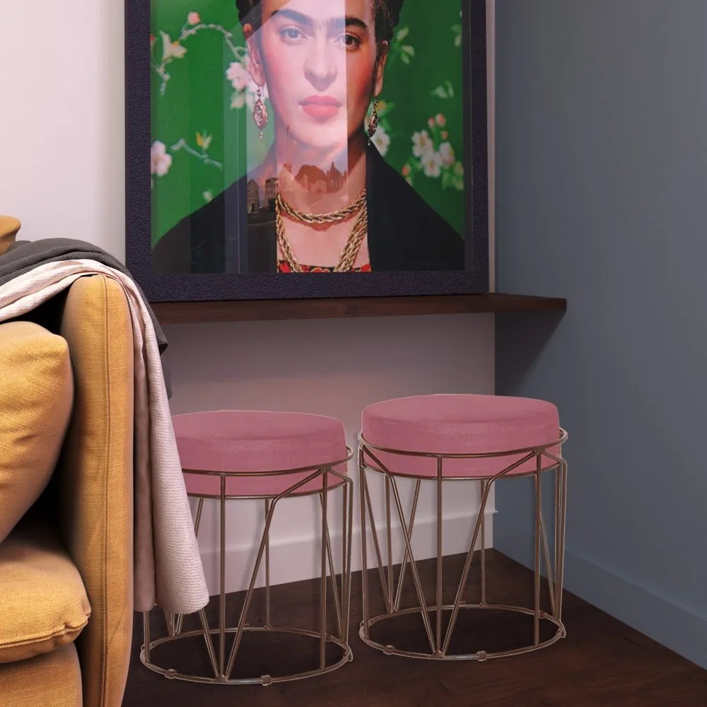 Puff Decorativo Sala de Estar Base Bronze Chloe Suede Rosa G41 - Gran Belo