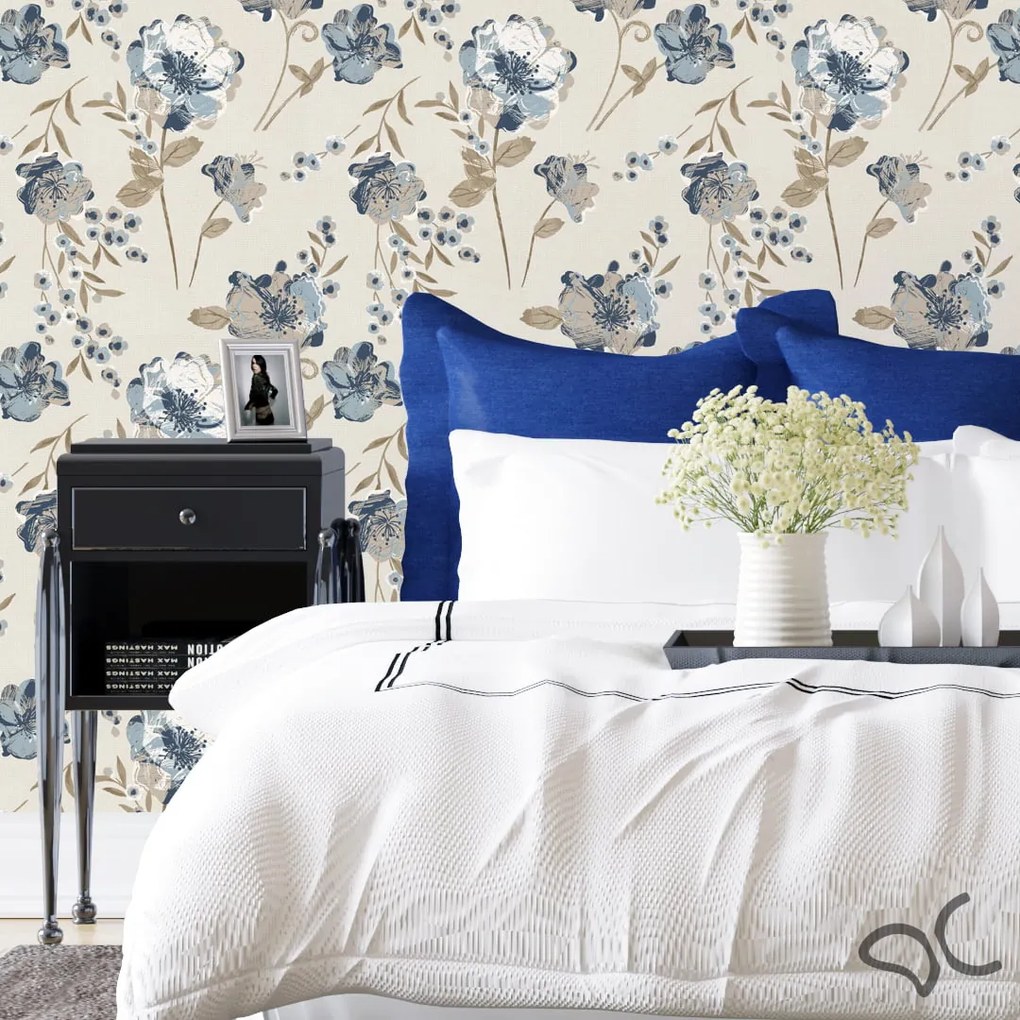 Papel de Parede Floral Azul Marrom e Bege 0.52m x 3.00m
