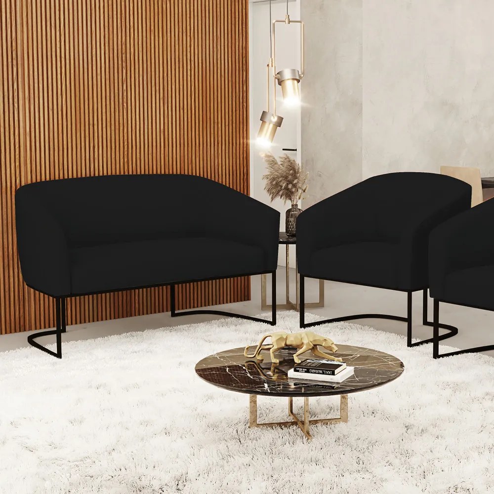 Sofá Namoradeira e Poltrona Base Industrial Preto Stella Linho D03 - D'Rossi - A79 Preto