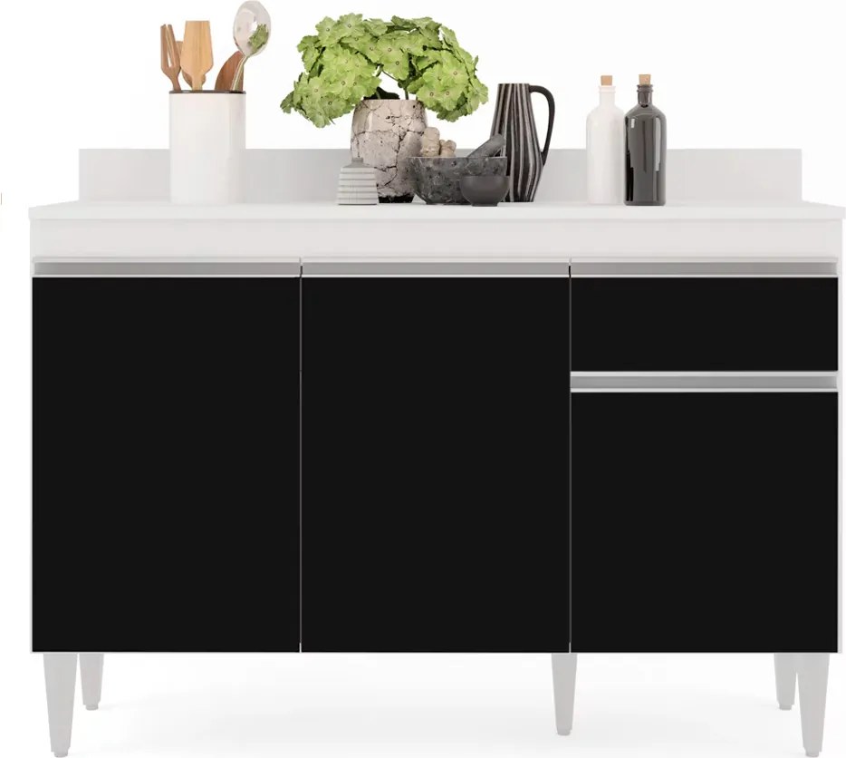 Balcão de Cozinha Lavanderia com Tampo 01 Gaveta Vick 120 cm L06 - D'Rossi - Branco e Preto