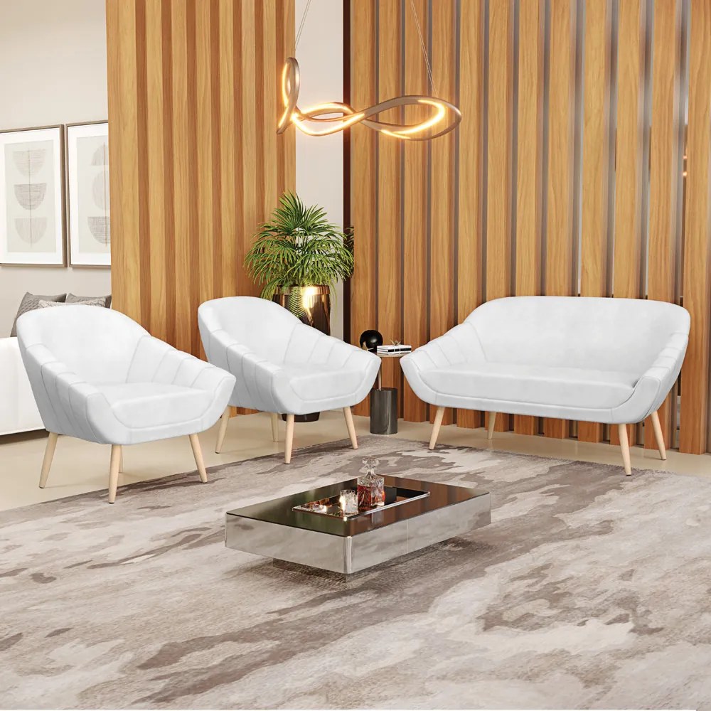Kit 01 Namoradeira 02 Lugares e 02 Poltronas Giovana Corano Branco Pés Palito Natural - Indo Decorar