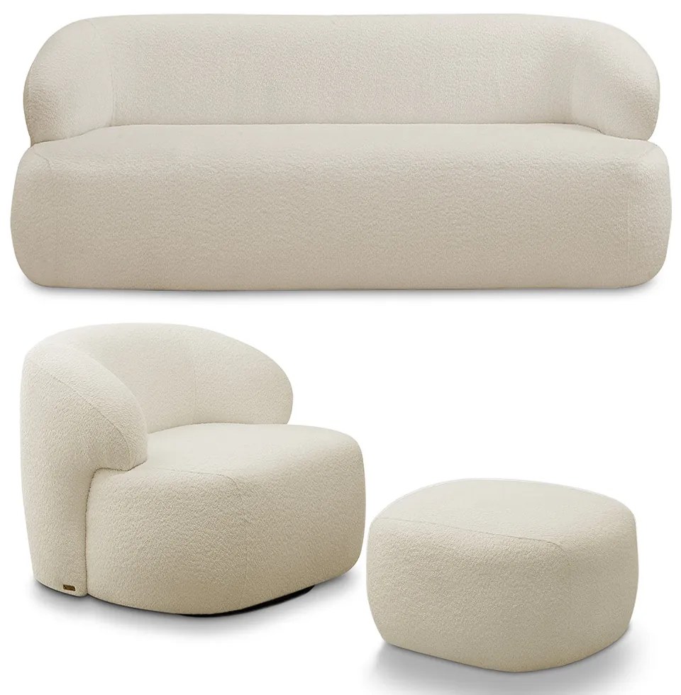 Conjunto Sala de Estar Decorativo Charlote 1 Poltrona Namoradeira 150cm 1 Poltrona Base Giratória em Aço com Puff Bouclê Bege G88 - Gran Belo