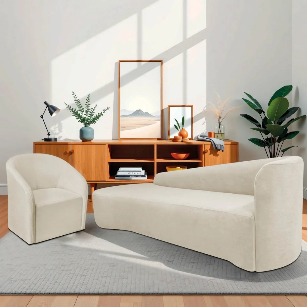 Kit Sofá Curvo França 220cm L.E e Poltrona Luiza Max Conforto, Elegância e Design Moderno Bouclé