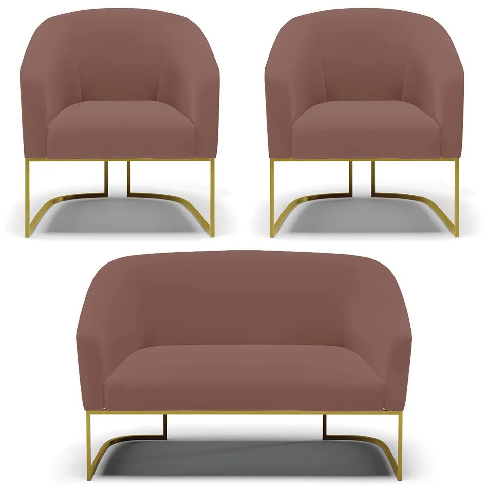 Namoradeira e 2 Poltronas Industrial Dourado Stella Veludo D03 - D'Rossi - Rose