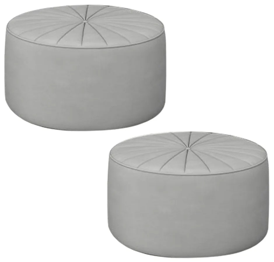 Kit 2 Puffs Decorativos Sala De Estar Round Veludo Cinza Claro G45 - Gran Belo