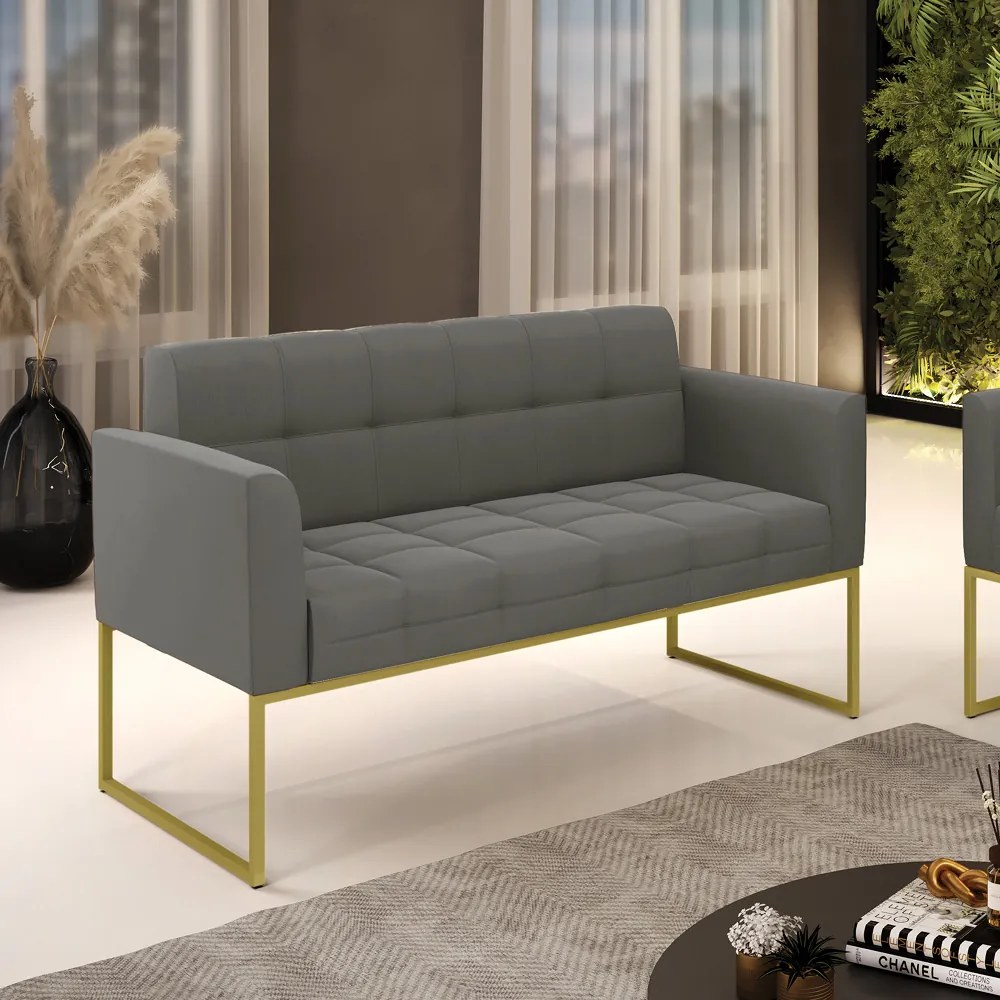 Sofá Namoradeira Elisa Suede Base Metálica Industrial Dourado - D'Rossi - Grafite