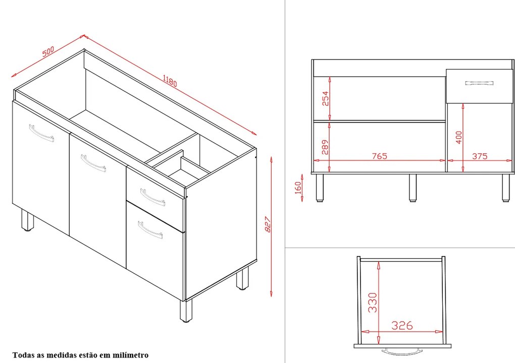 Balcão Lírio 3 Portas 1 Gaveta Cozinha MB1 120cm