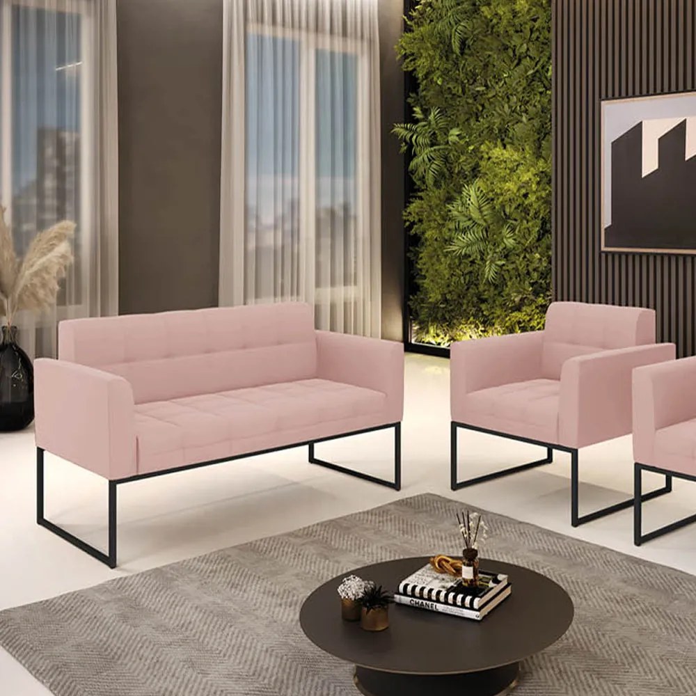 Kit 1 Sofá Namoradeira e 1 Poltrona Elisa Veludo Rosê Base Metálica Industrial Preto D03 - D'Rossi