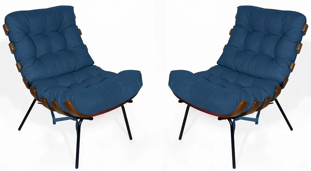 Kit 2 Poltrona Decorativa Costela Suede Azul Marinho