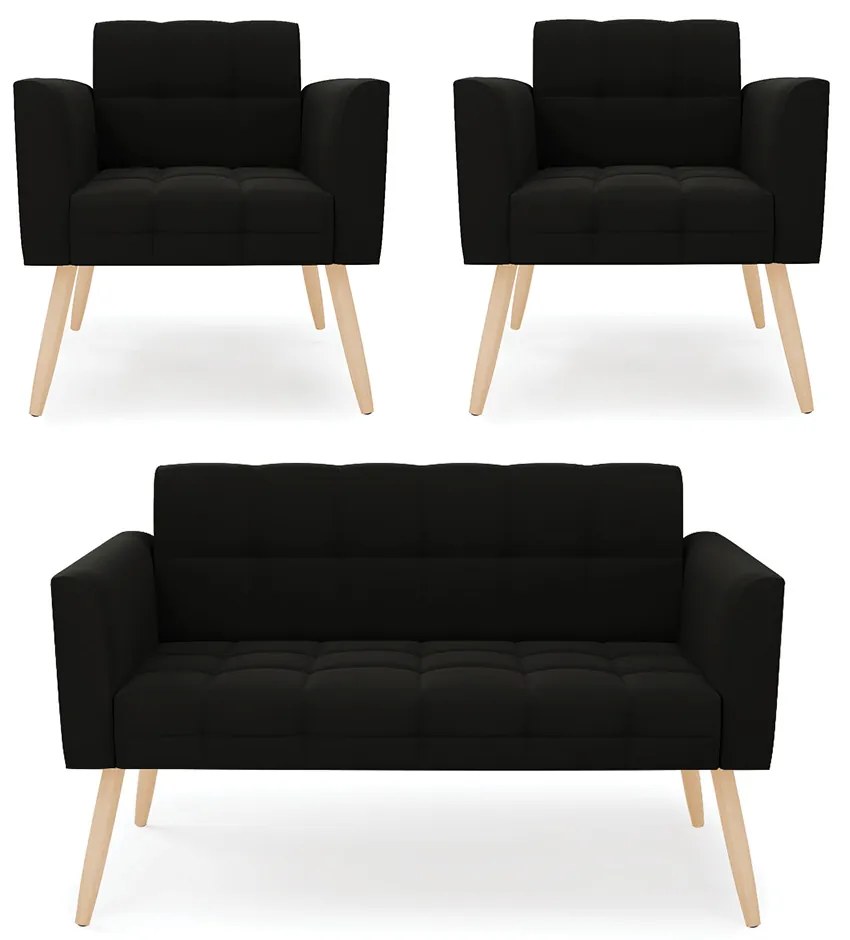 Kit 1 Sofá Namoradeira e 2 Poltronas Elisa Suede Pés Palito Natural - D'Rossi - Preto