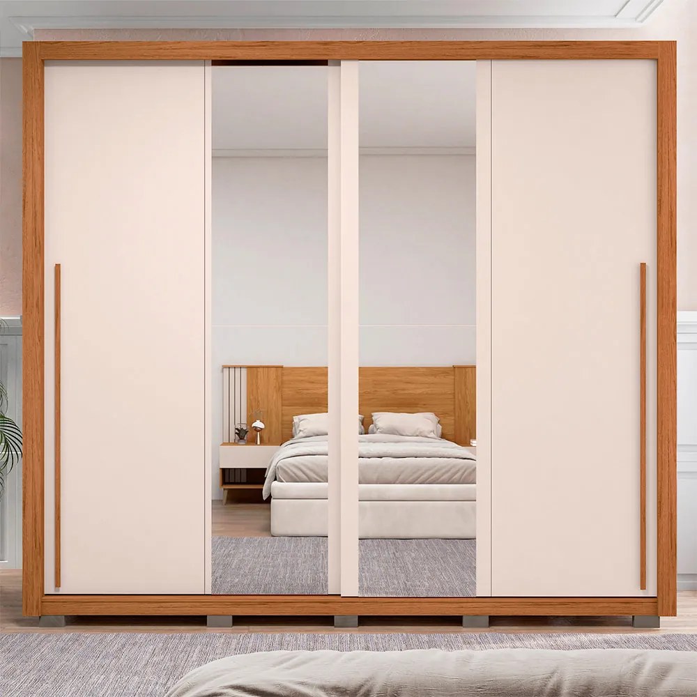 Guarda Roupa Lorian 245cm 2 Portas de Correr com Espelhos e 4 Gavetas em MDF Freijo/OffWhite G11 - Gran Belo