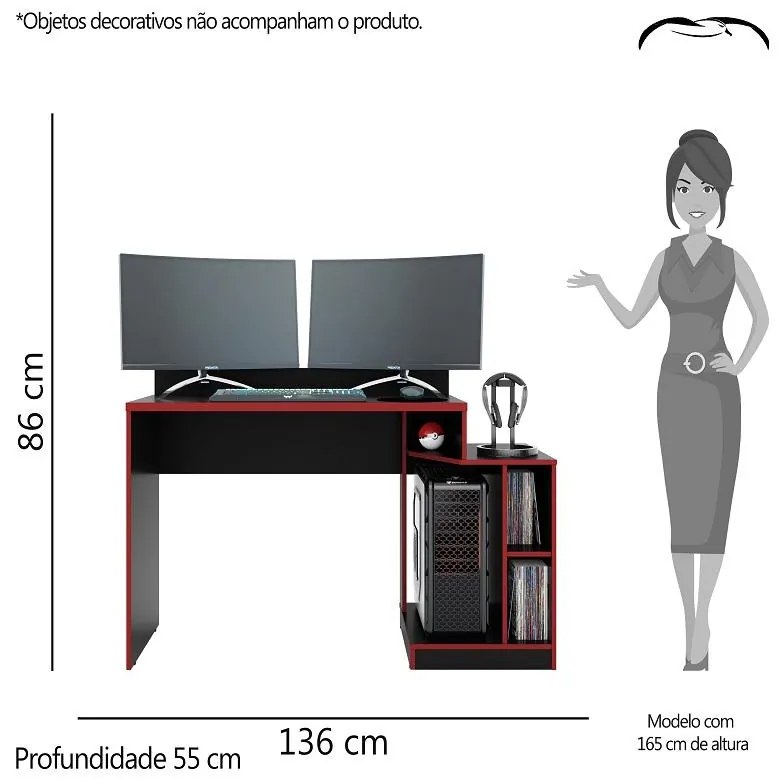 Mesa Para Computador Gamer Escrivaninha 2 Nichos Play