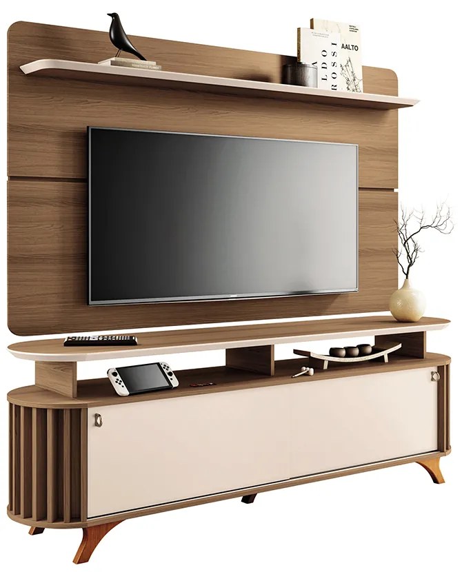 Conjunto Painel Curv para TV até 70 Polegadas e Bancada Alba Castanho/Off White G26 - Hb Móveis