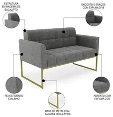 Sofá Namoradeira e 1 Poltrona Base Industrial Dourado Ana Linho Grafit