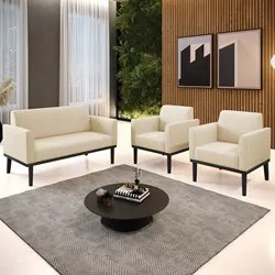 Sofá Namoradeira e 2 Poltronas Base Madeira Preto Maressa Linho Bege -