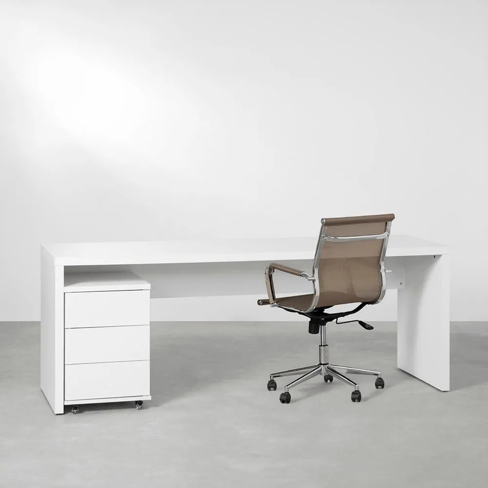 Conjunto Office - Bancada Contemporânea Branco 1,80m + Módulo Contemporâneo 3 gavetas Branco 42,5cm + Cadeira Noruega Cobre