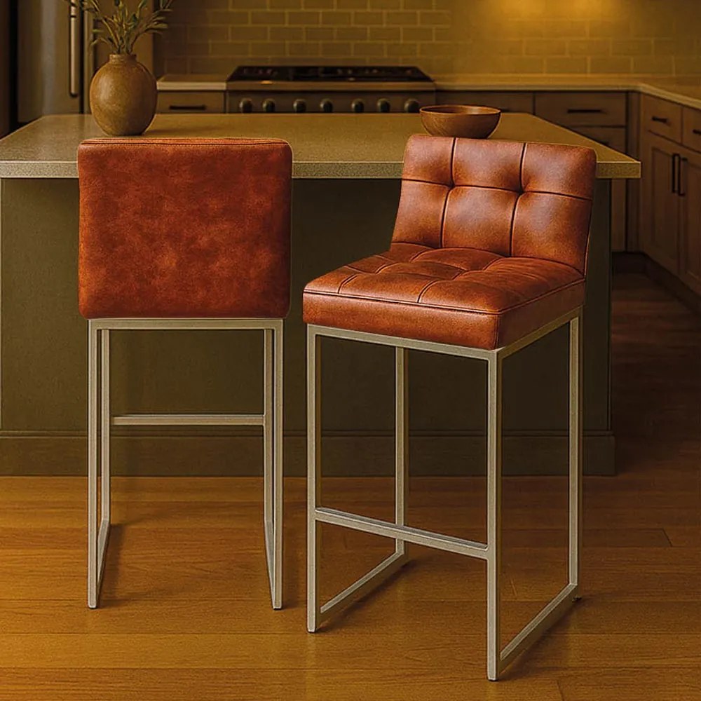 Banqueta Cozinha Alta com Encosto Industrial Kit 2 Champanhe Lirina PU C05 - D'Rossi - Nozes