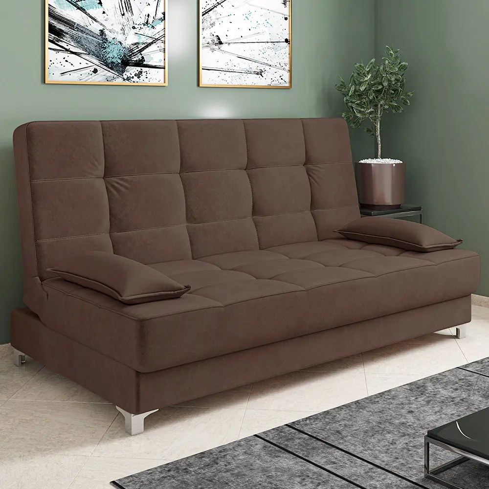 Sofá Cama Equador 193 cm Encosto Reclinável Veludo Pés Plástico Cromado - D'Rossi - Marrom