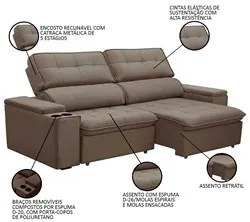 Sofá Retrátil Reclinável 3 Lugares 210cm Ginevra F05 Veludo Castor - M