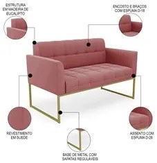 Sofá Namoradeira e 1 Poltrona Base Industrial Dourado Ana Suede Rosê -