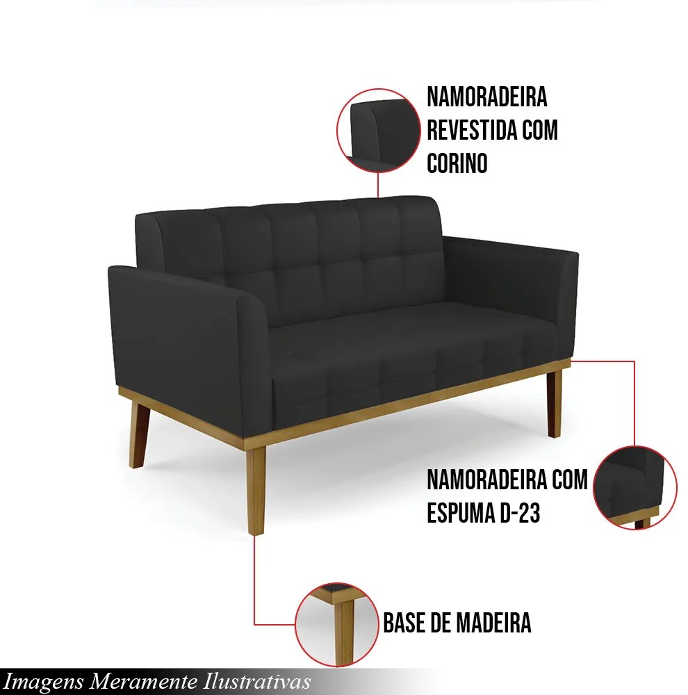 Poltrona Namoradeira Decorativa Karen Pés Fixo em Madeira Castanho PU Preto G19 - Gran Belo