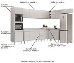 Armário de Cozinha Modulada de Canto 8 Peças CP08 Balcão com Tampo Bra