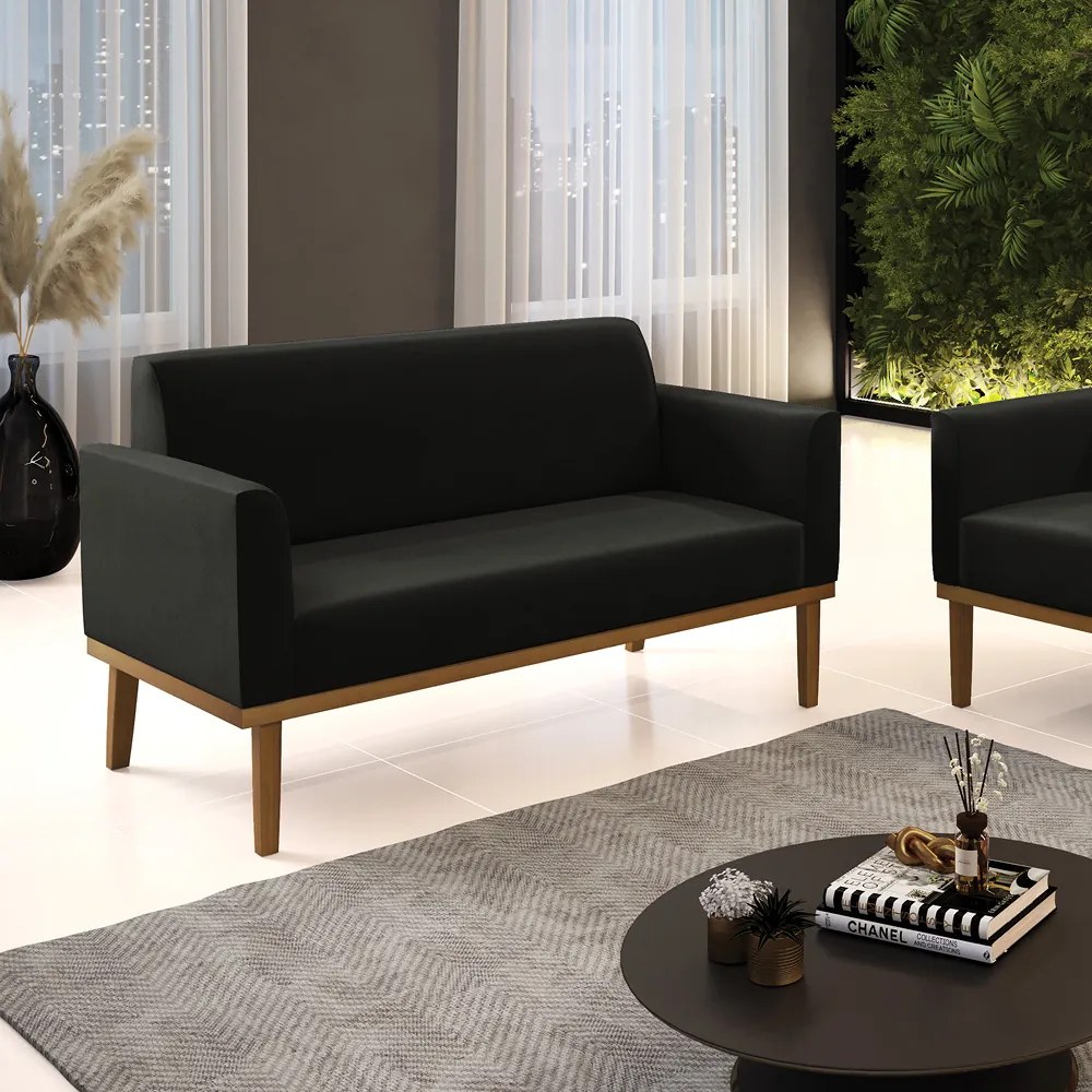 Sofá 2 Lugares Namoradeira Marisa Base Madeira Castanho Suede D03 - D'Rossi - Preto