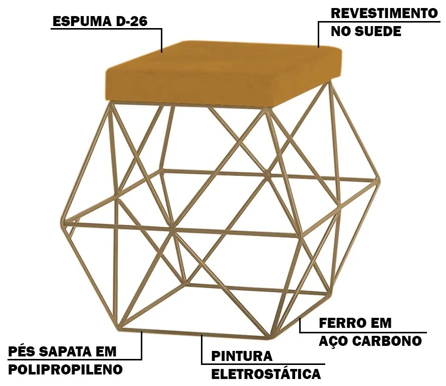 Kit 2 Puffs Decorativo Sala de Estar Base Gold Trixie Suede Mostarda G41 - Gran Belo